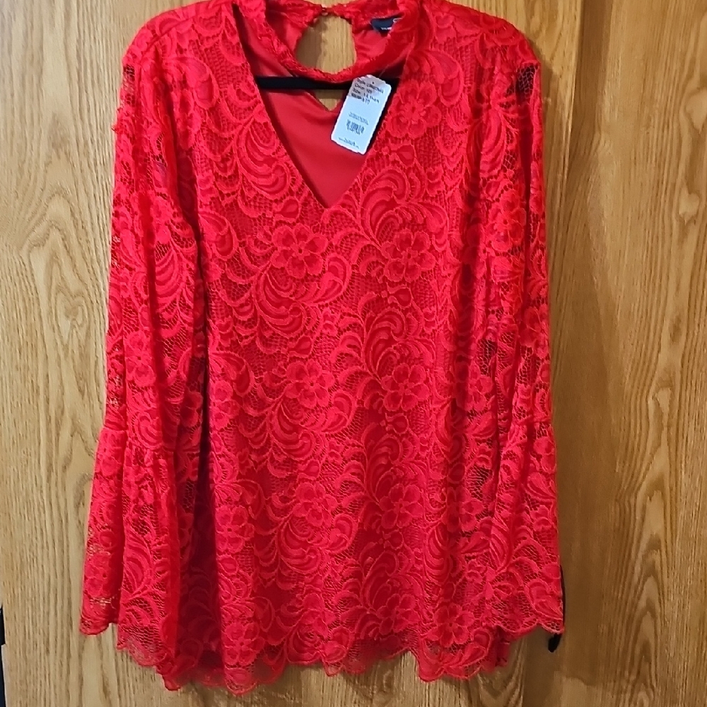 Suzanne Betro Vibrant Red Lace Blouse.